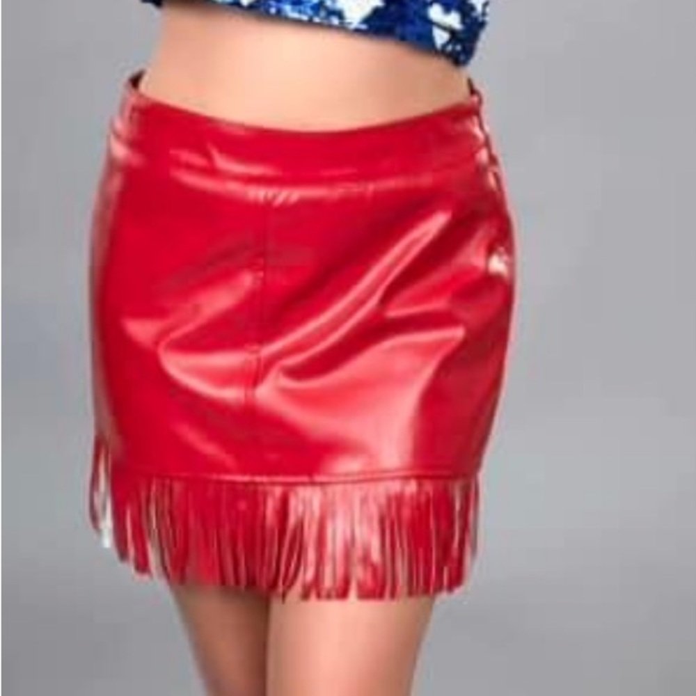Red fringe faux leather mini skirt